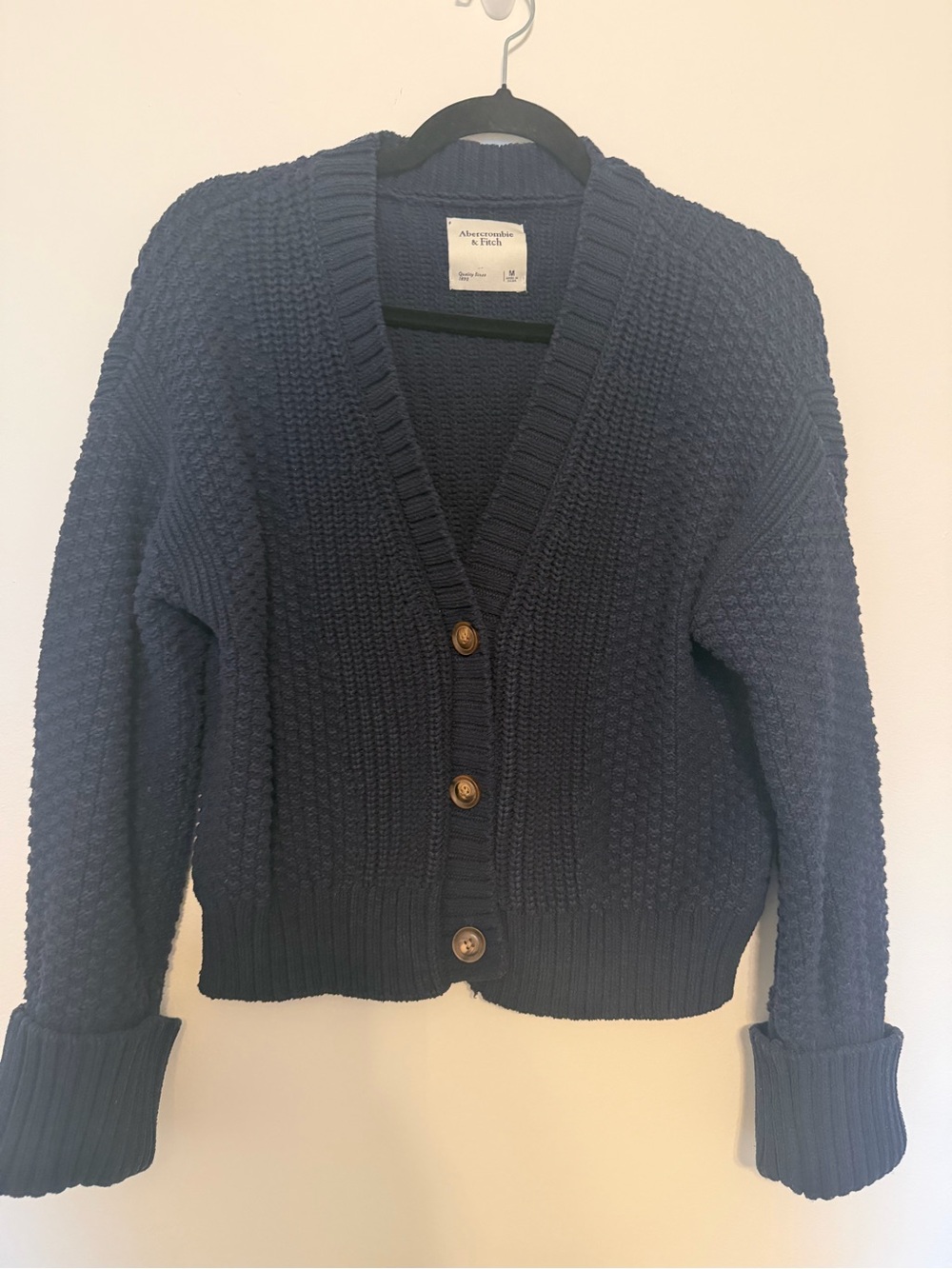 Abercrombie & Fitch Navy Textured V-Neck Button Cardigan